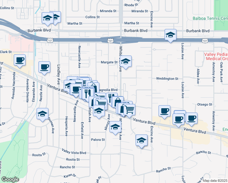 map of restaurants, bars, coffee shops, grocery stores, and more near 5204 Yarmouth Avenue in Los Angeles