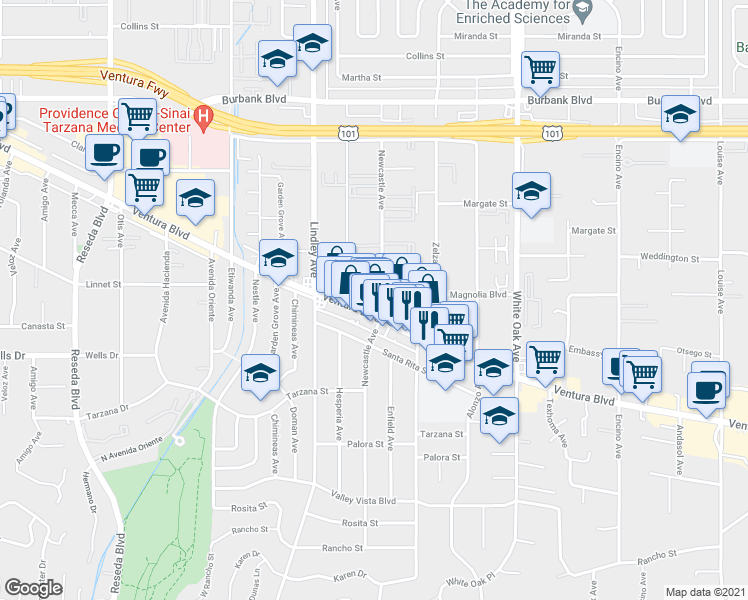 map of restaurants, bars, coffee shops, grocery stores, and more near 17955 West Magnolia Boulevard in Los Angeles