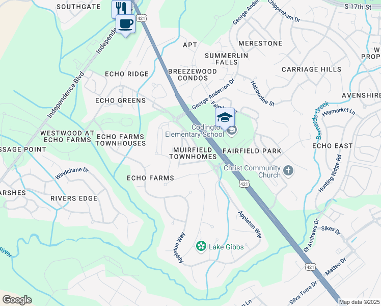 map of restaurants, bars, coffee shops, grocery stores, and more near 4325 Peeble Drive in Wilmington