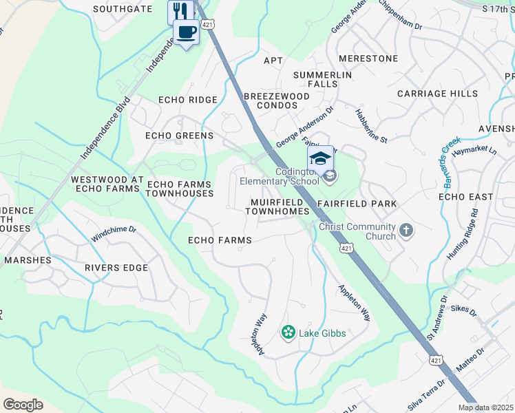 map of restaurants, bars, coffee shops, grocery stores, and more near 4328 Terrington Drive in Wilmington