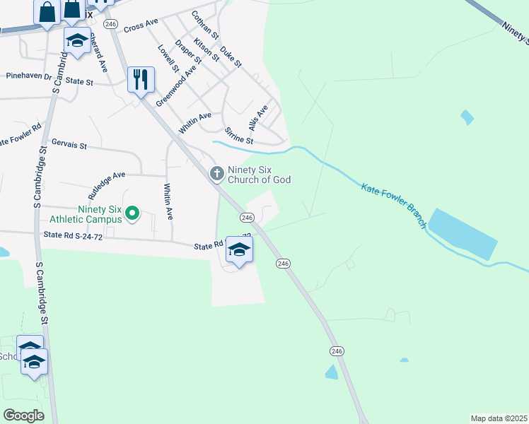 map of restaurants, bars, coffee shops, grocery stores, and more near 4323 Highway 246 South in Ninety Six