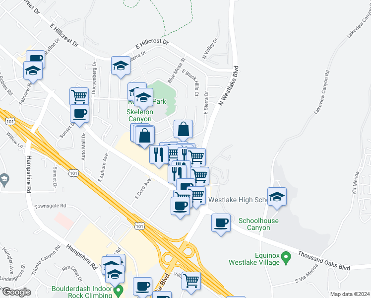 map of restaurants, bars, coffee shops, grocery stores, and more near 2805 East Wasatch Court in Thousand Oaks