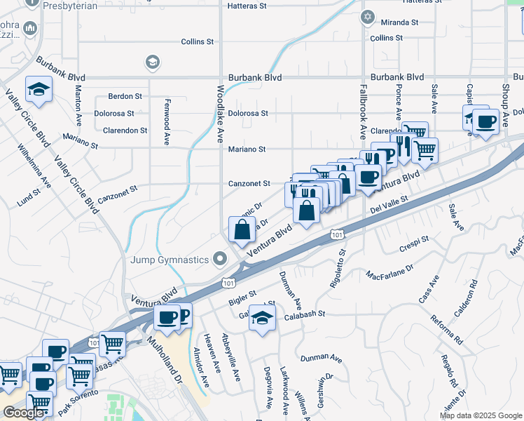 map of restaurants, bars, coffee shops, grocery stores, and more near 23048 Ostronic Drive in Los Angeles