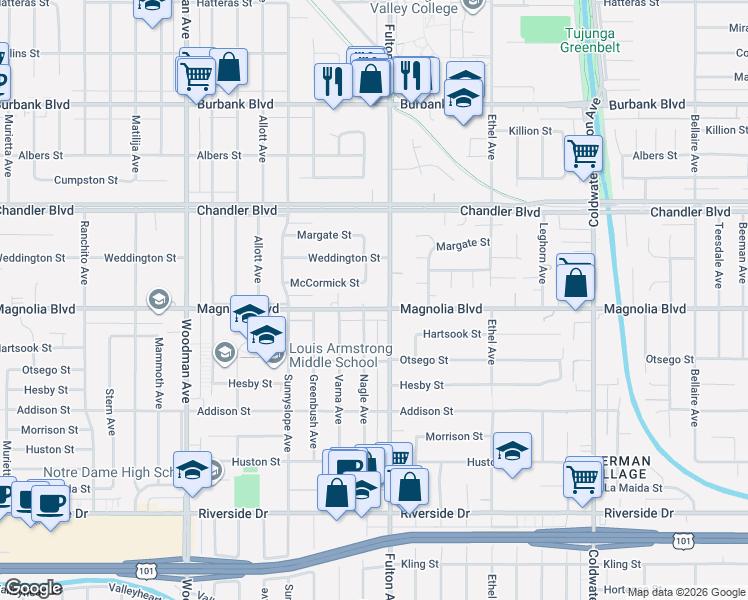 map of restaurants, bars, coffee shops, grocery stores, and more near 13319 Magnolia Boulevard in Los Angeles