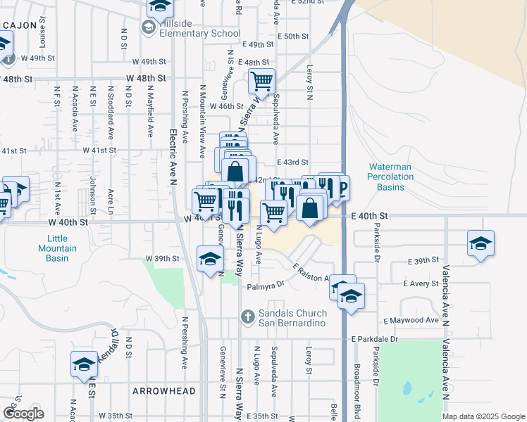 map of restaurants, bars, coffee shops, grocery stores, and more near 170 East 40th Street in San Bernardino