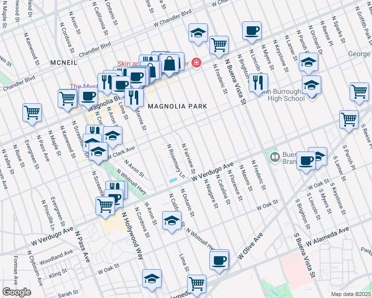 map of restaurants, bars, coffee shops, grocery stores, and more near 538 North Catalina Street in Burbank