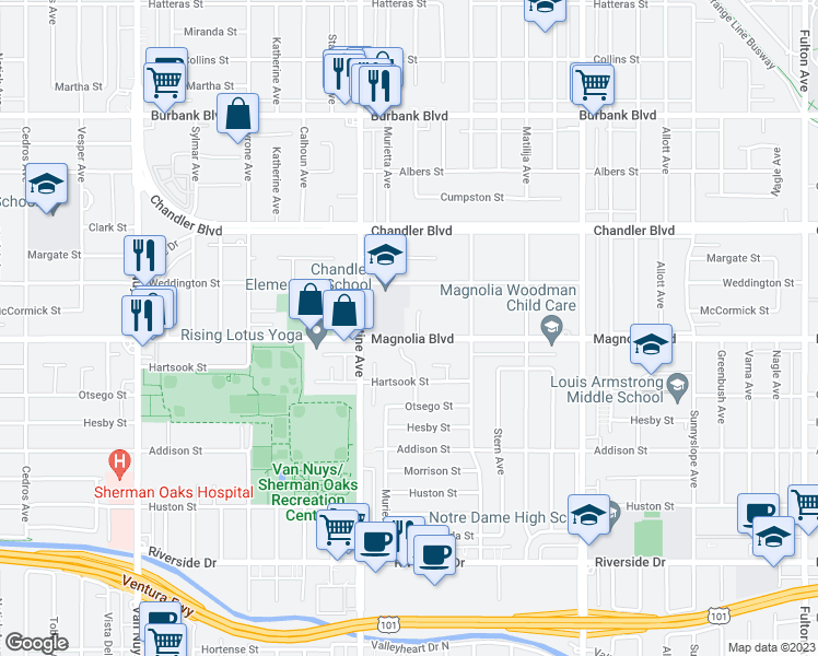 map of restaurants, bars, coffee shops, grocery stores, and more near 14011 Magnolia Boulevard in Los Angeles