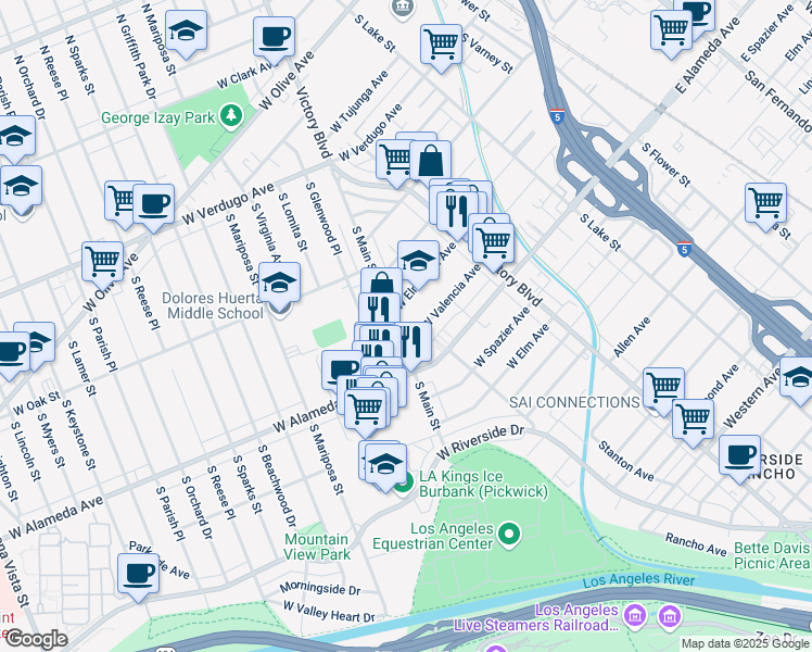 map of restaurants, bars, coffee shops, grocery stores, and more near 820 South Main Street in Burbank