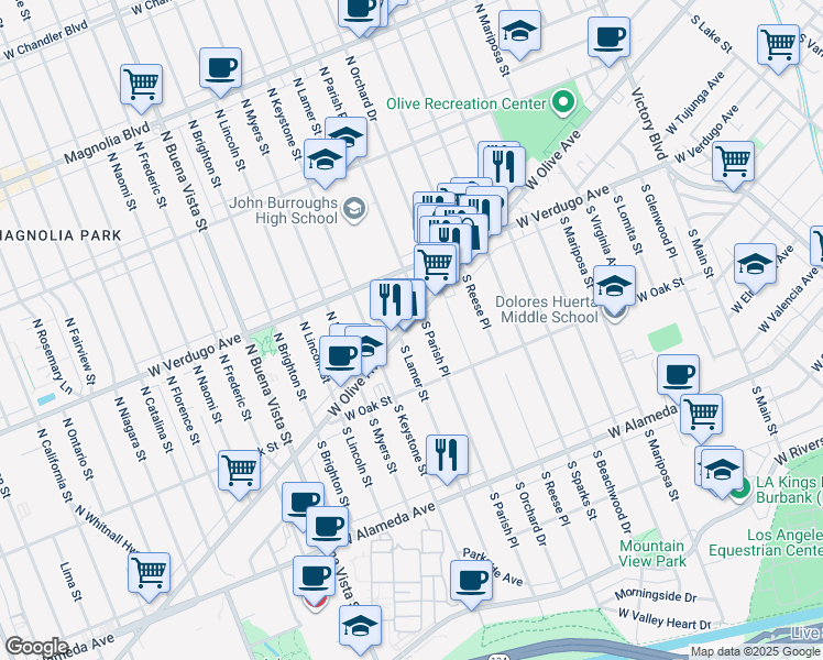 map of restaurants, bars, coffee shops, grocery stores, and more near 1900 West Olive Avenue in Burbank