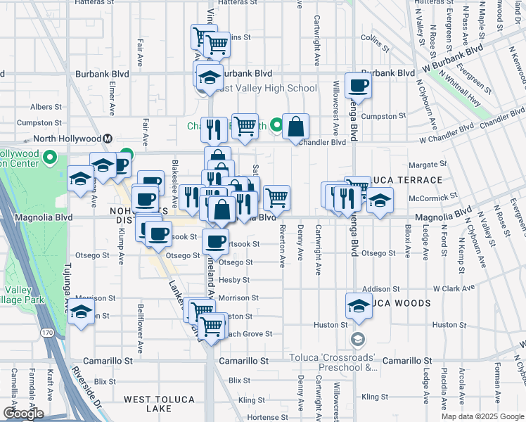 map of restaurants, bars, coffee shops, grocery stores, and more near 10835 Magnolia Boulevard in Los Angeles