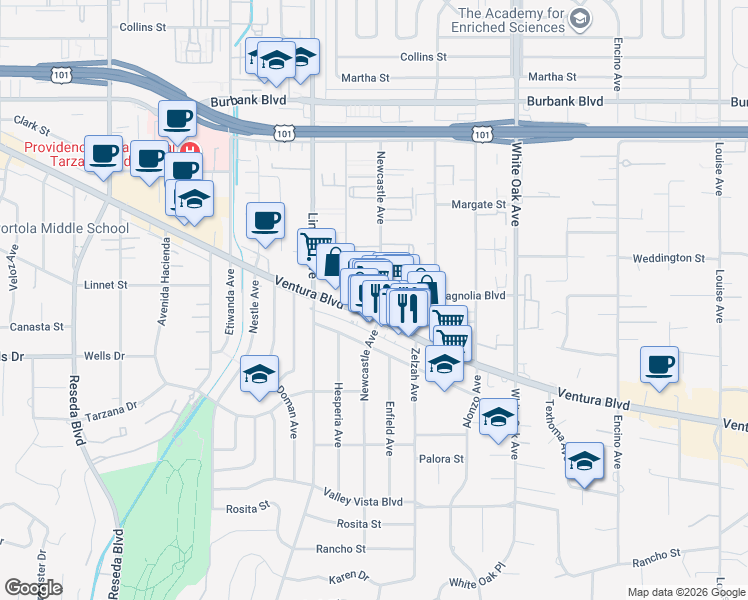map of restaurants, bars, coffee shops, grocery stores, and more near 5219 Newcastle Avenue in Los Angeles
