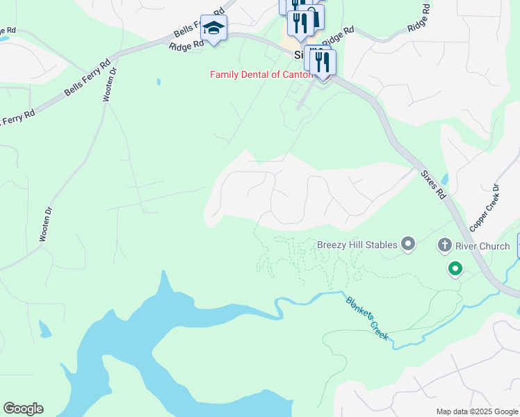 map of restaurants, bars, coffee shops, grocery stores, and more near 602 Creekview Circle in Canton
