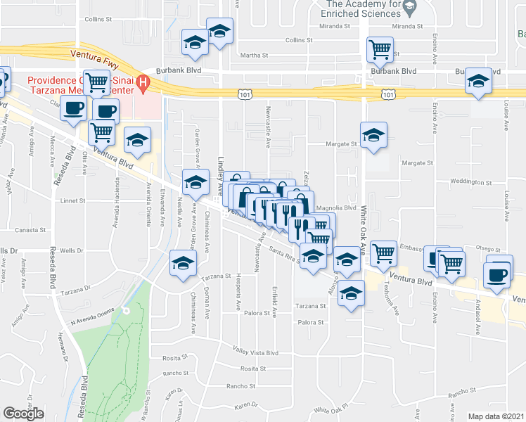 map of restaurants, bars, coffee shops, grocery stores, and more near 5219 Newcastle Avenue in Los Angeles