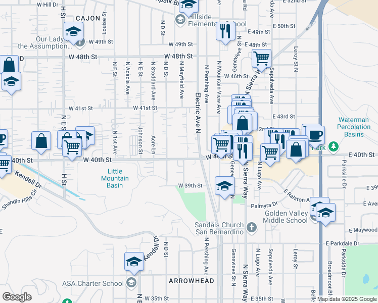 map of restaurants, bars, coffee shops, grocery stores, and more near 4025 Lorraine Drive in San Bernardino
