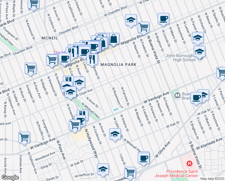 map of restaurants, bars, coffee shops, grocery stores, and more near 633 North Rosemary Lane in Burbank