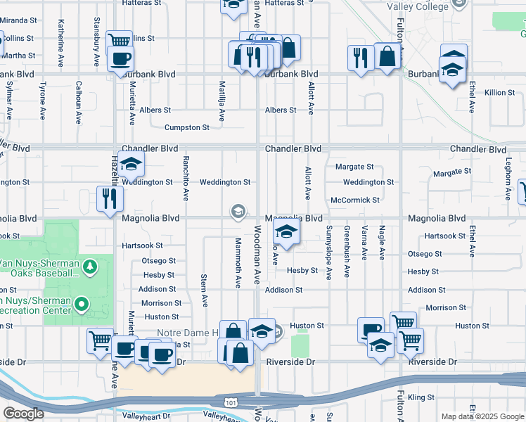 map of restaurants, bars, coffee shops, grocery stores, and more near 5208 Woodman Avenue in Los Angeles