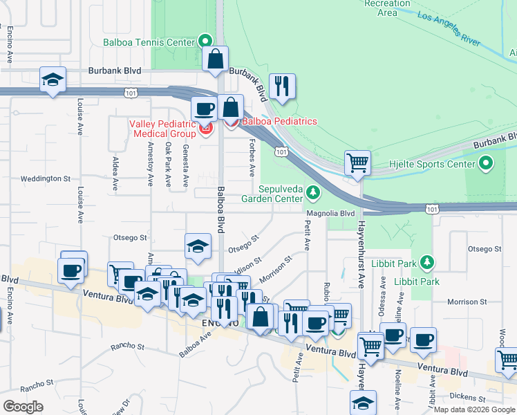 map of restaurants, bars, coffee shops, grocery stores, and more near 16753 Magnolia Boulevard in Los Angeles
