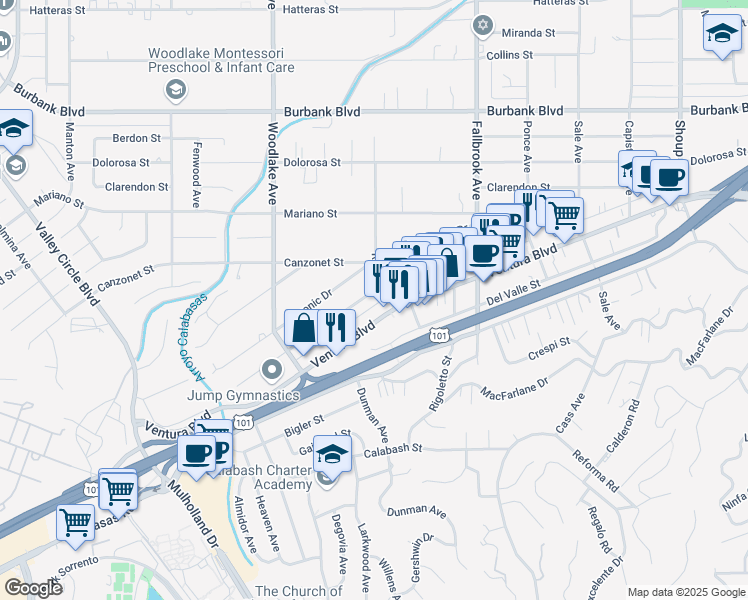 map of restaurants, bars, coffee shops, grocery stores, and more near 23018 Leonora Drive in Los Angeles