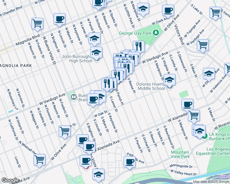 map of restaurants, bars, coffee shops, grocery stores, and more near 1900 West Olive Avenue in Burbank