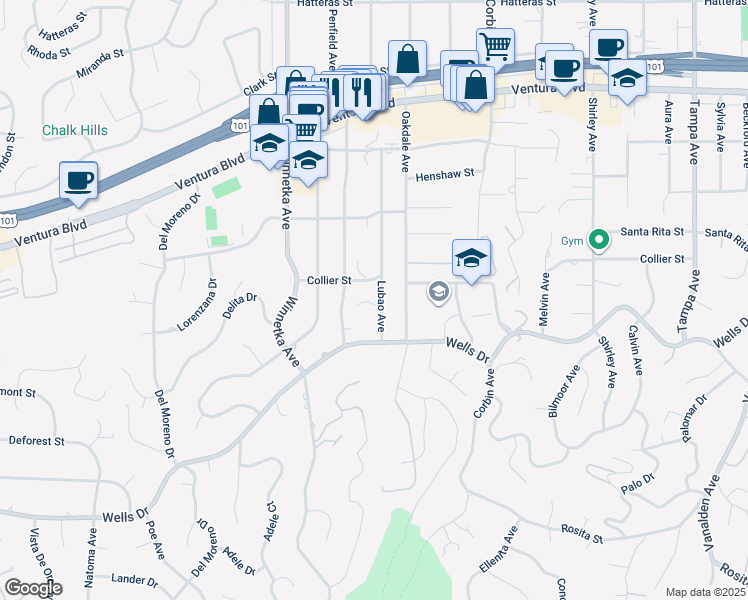 map of restaurants, bars, coffee shops, grocery stores, and more near 5205 Lubao Avenue in Los Angeles