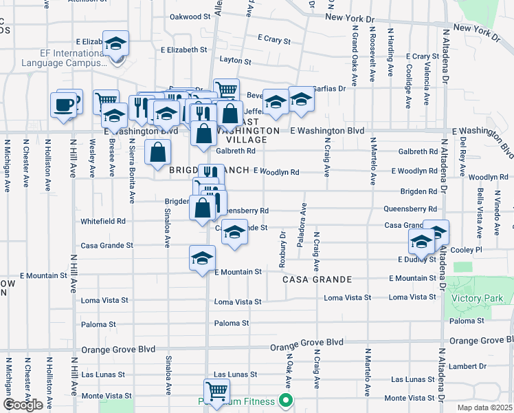 map of restaurants, bars, coffee shops, grocery stores, and more near 1961 Queensberry Road in Pasadena