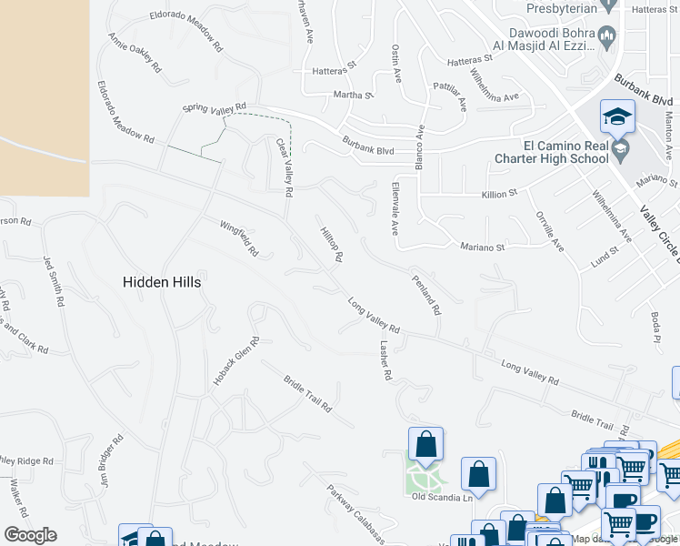 map of restaurants, bars, coffee shops, grocery stores, and more near 24355 Long Valley Road in Hidden Hills