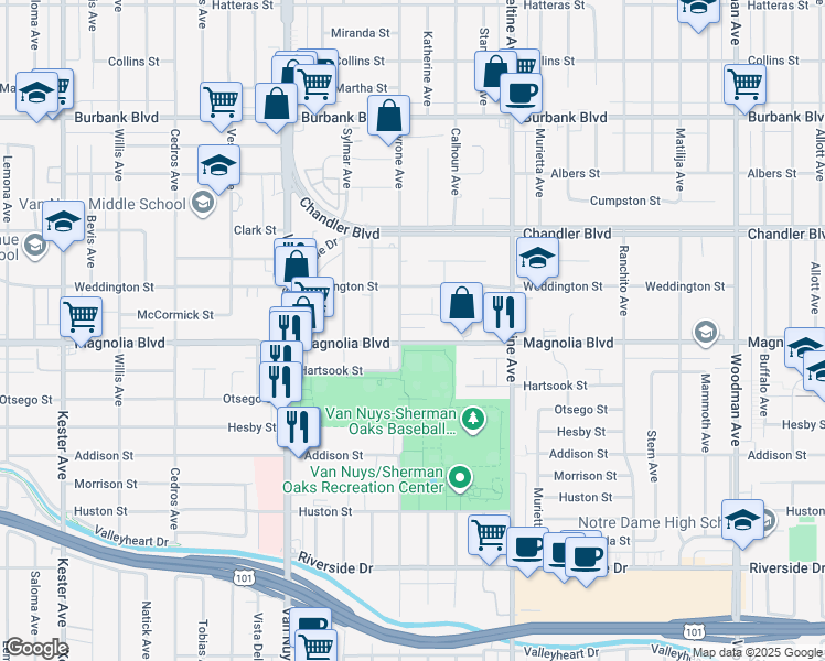 map of restaurants, bars, coffee shops, grocery stores, and more near 5221 Tyrone Avenue in Los Angeles