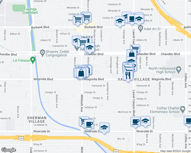 map of restaurants, bars, coffee shops, grocery stores, and more near 5223 Corteen Place in Los Angeles