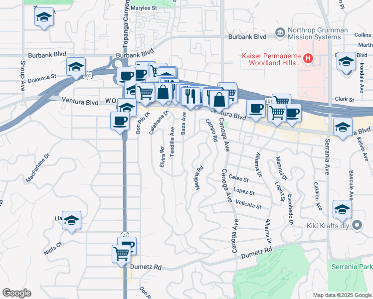 map of restaurants, bars, coffee shops, grocery stores, and more near 5262 Baza Avenue in Los Angeles