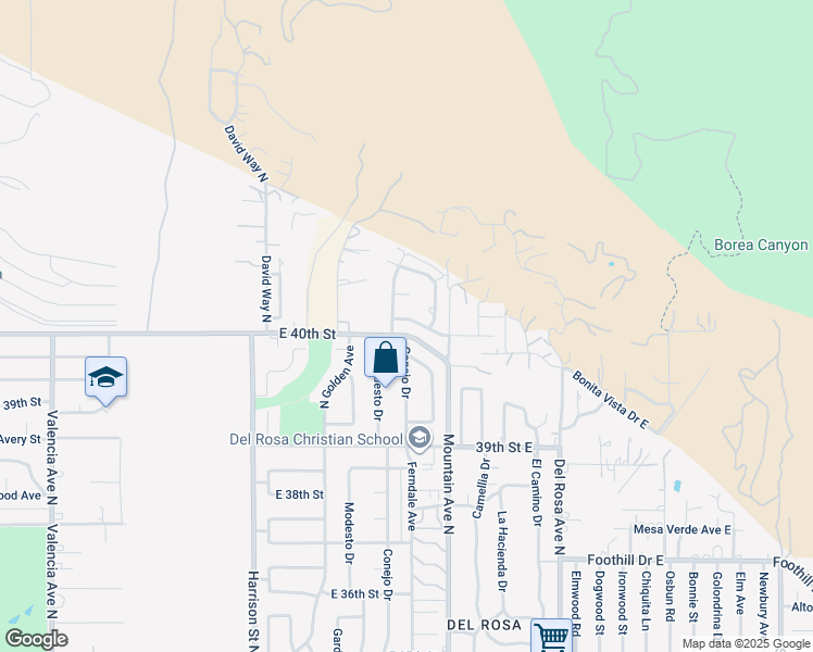 map of restaurants, bars, coffee shops, grocery stores, and more near 1319 Delmonica Avenue East in San Bernardino