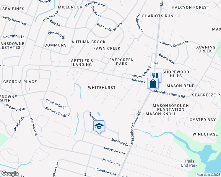 map of restaurants, bars, coffee shops, grocery stores, and more near 4131 Whitehurst Drive in Wilmington