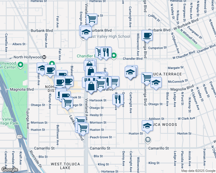 map of restaurants, bars, coffee shops, grocery stores, and more near 10835 Magnolia Boulevard in Los Angeles