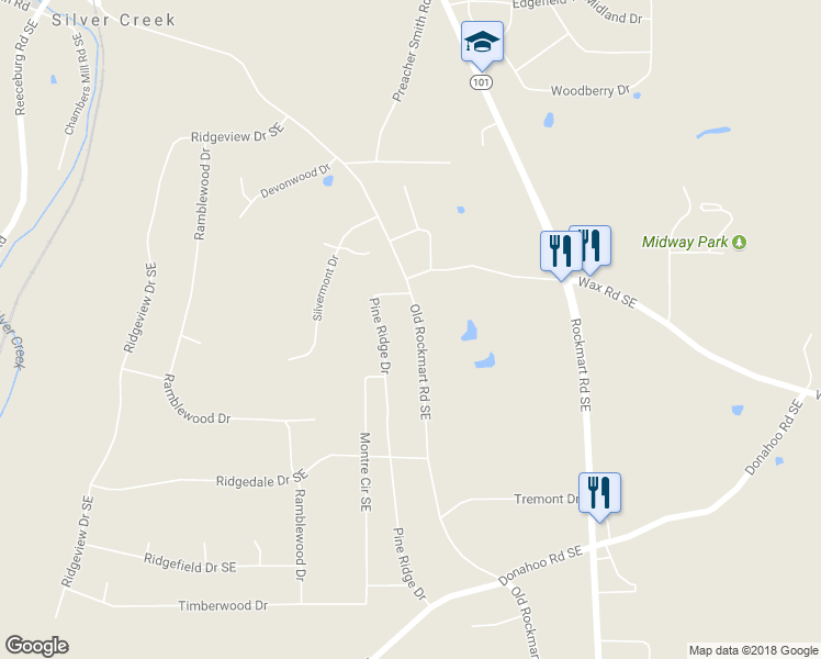 map of restaurants, bars, coffee shops, grocery stores, and more near 1118 Old Rockmart Road Southeast in Silver Creek