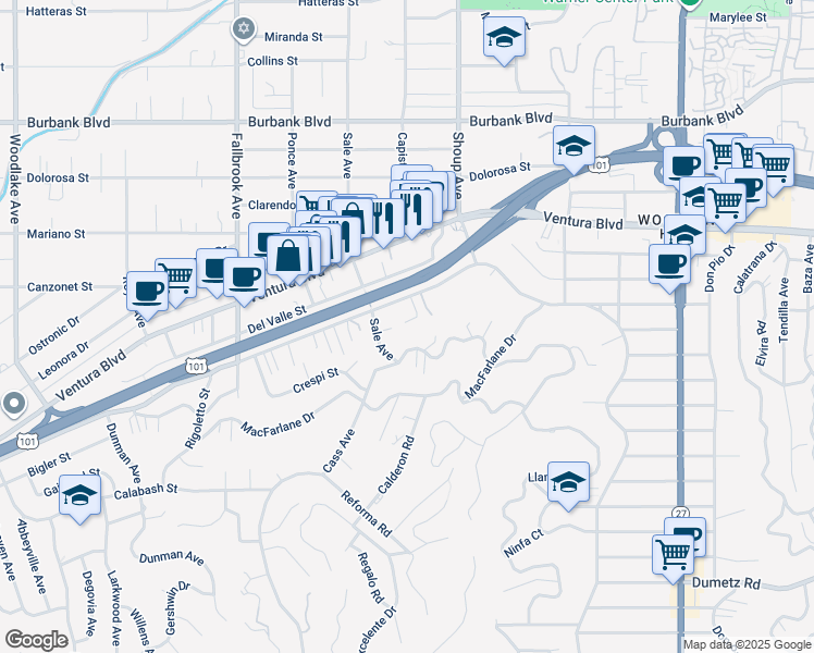 map of restaurants, bars, coffee shops, grocery stores, and more near 5241 Calderon Road in Los Angeles