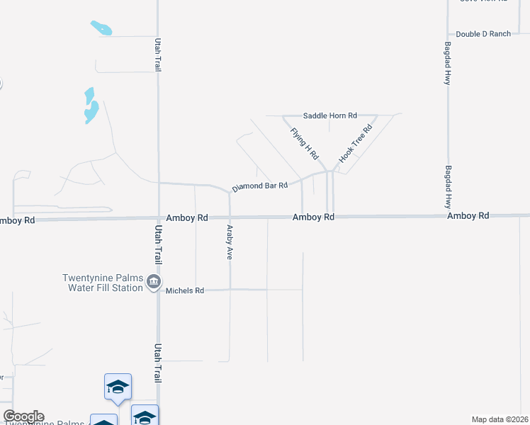 map of restaurants, bars, coffee shops, grocery stores, and more near 74804 Amboy Road in Twentynine Palms