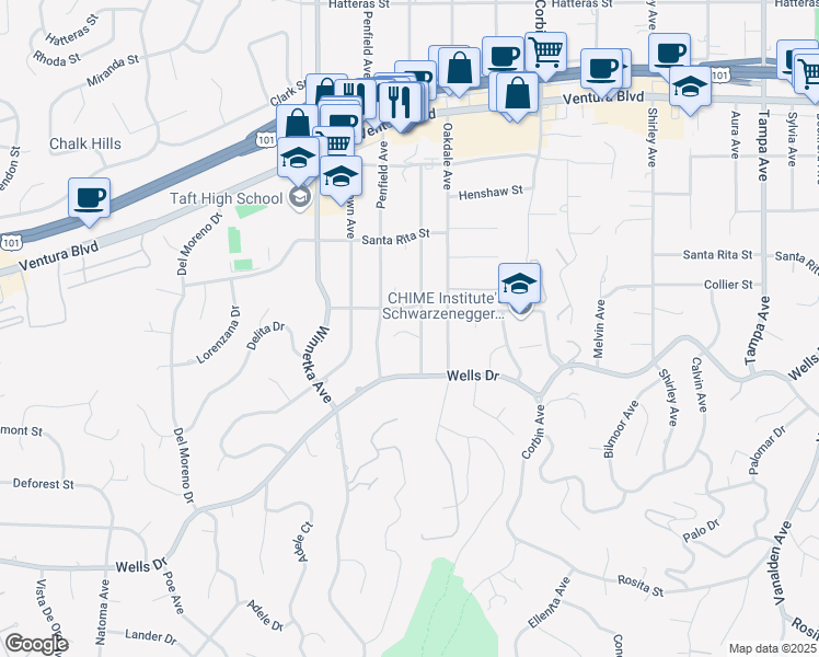 map of restaurants, bars, coffee shops, grocery stores, and more near 5205 Lubao Avenue in Los Angeles