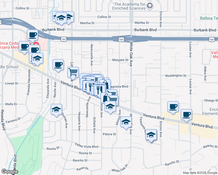 map of restaurants, bars, coffee shops, grocery stores, and more near 17842 Magnolia Boulevard in Los Angeles