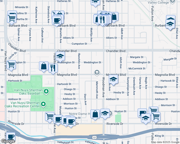 map of restaurants, bars, coffee shops, grocery stores, and more near 13807 West Magnolia Boulevard in Los Angeles