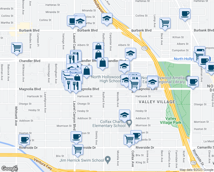 map of restaurants, bars, coffee shops, grocery stores, and more near 11855 West Magnolia Boulevard in Los Angeles