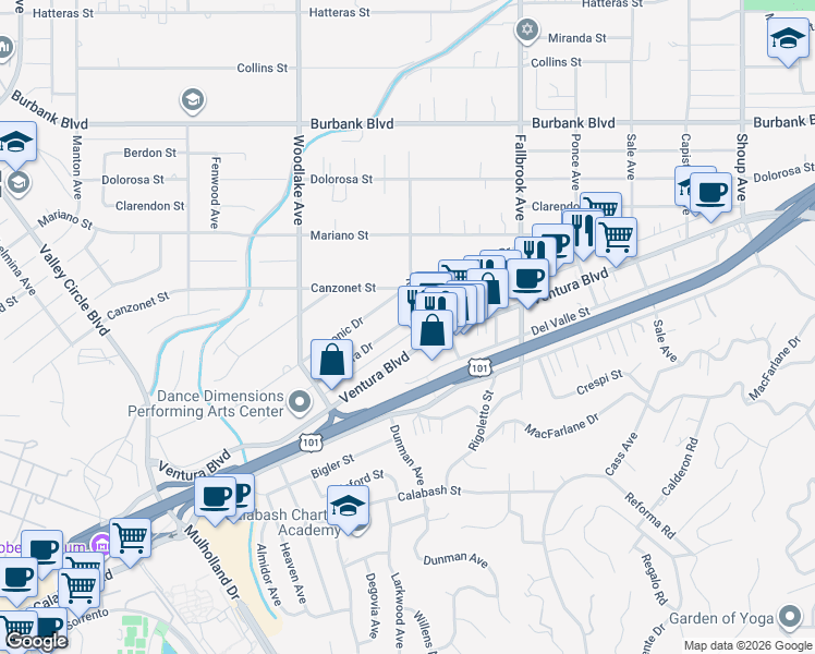 map of restaurants, bars, coffee shops, grocery stores, and more near 23018 Leonora Drive in Los Angeles