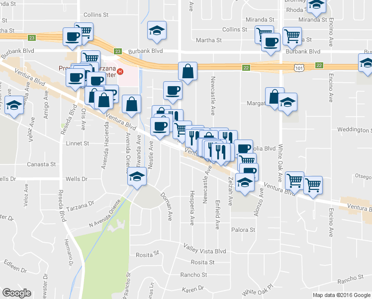 map of restaurants, bars, coffee shops, grocery stores, and more near 18081 Ventura Boulevard in Los Angeles