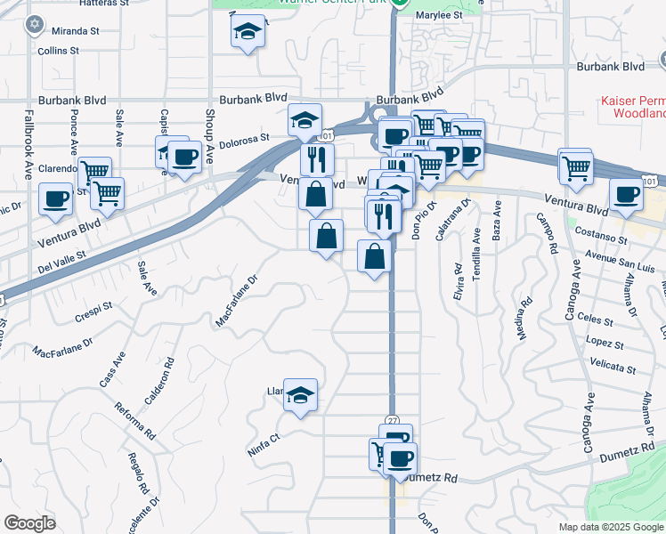 map of restaurants, bars, coffee shops, grocery stores, and more near 22061 Crespi Street in Los Angeles