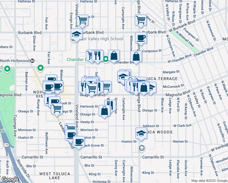 map of restaurants, bars, coffee shops, grocery stores, and more near 10747 Magnolia Boulevard in Los Angeles