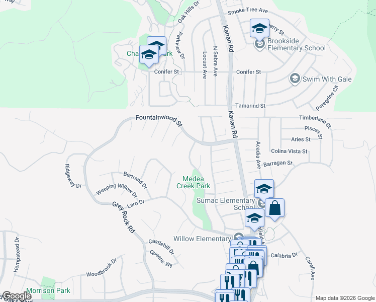 map of restaurants, bars, coffee shops, grocery stores, and more near 6243 Shadycreek Drive in Agoura Hills