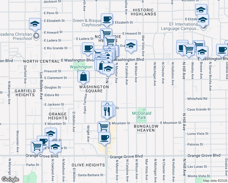 map of restaurants, bars, coffee shops, grocery stores, and more near 1136 North Mentor Avenue in Pasadena