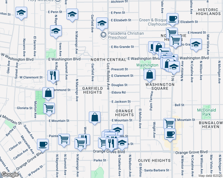 map of restaurants, bars, coffee shops, grocery stores, and more near 1134 North Los Robles Avenue in Pasadena