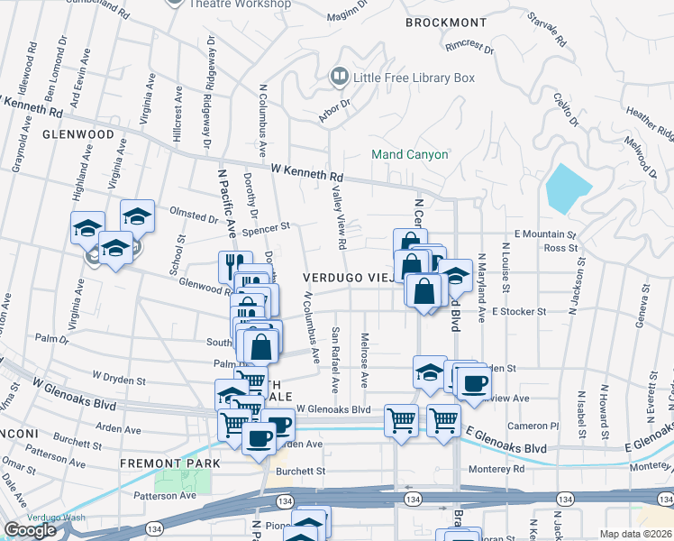 map of restaurants, bars, coffee shops, grocery stores, and more near 1316 North Columbus Avenue in Glendale