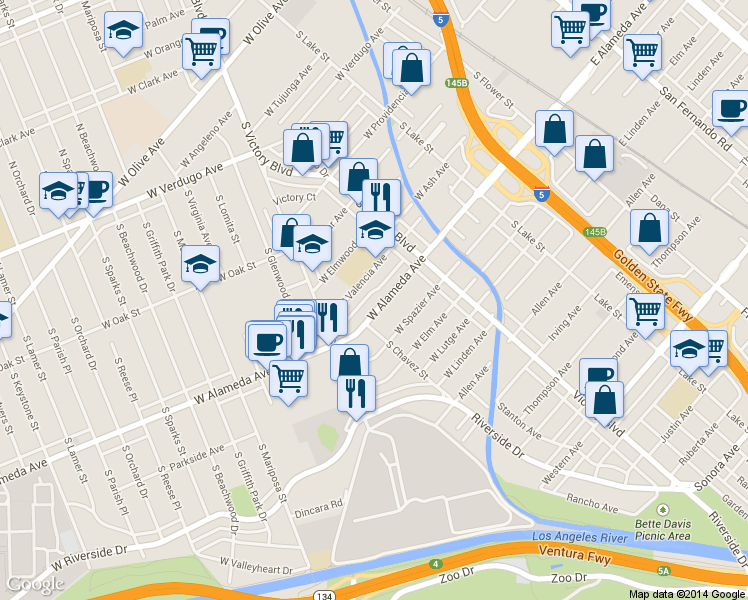 map of restaurants, bars, coffee shops, grocery stores, and more near 353 West Alameda Avenue in Burbank