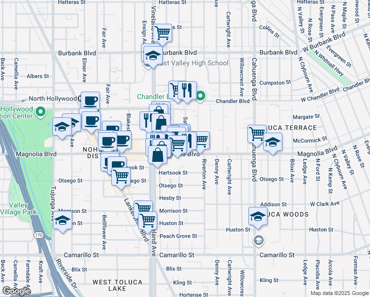 map of restaurants, bars, coffee shops, grocery stores, and more near 5217 Satsuma Avenue in Los Angeles