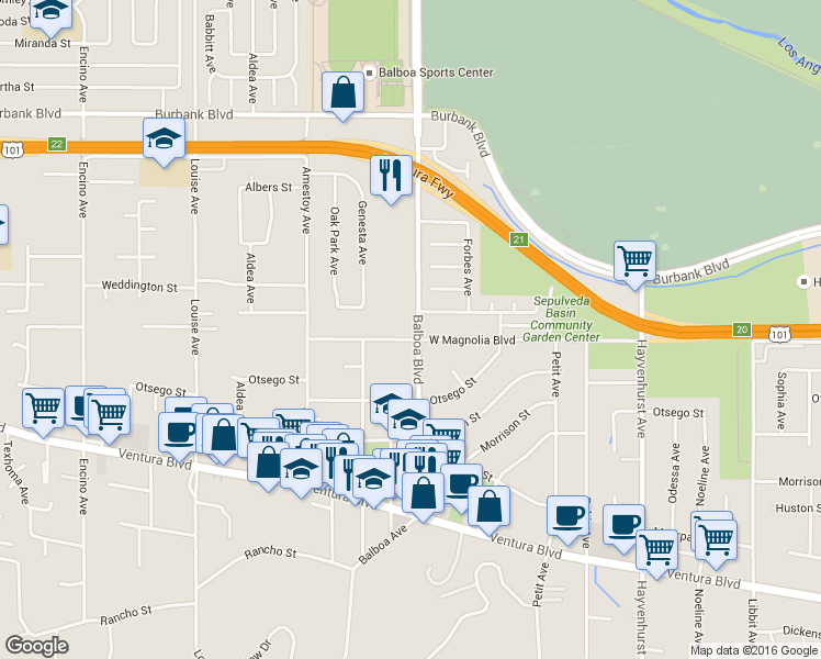 map of restaurants, bars, coffee shops, grocery stores, and more near 5215 Balboa Boulevard in Encino